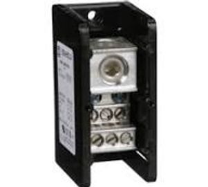 Black electrical terminal block with multiple screw connections.