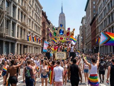 Crowds celebrate at a vibrant Pride parade with colorful flags and a decorated float.