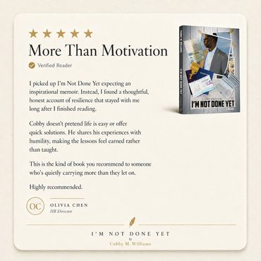 Five-star reader review highlighting the impact of I'm Not Done Yet.