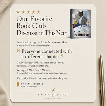 Book club review praising I'm Not Done Yet for meaningful conversations.