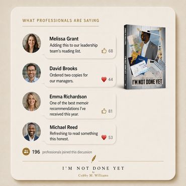 Professional discussion highlighting leadership lessons from I'm Not Done Yet.