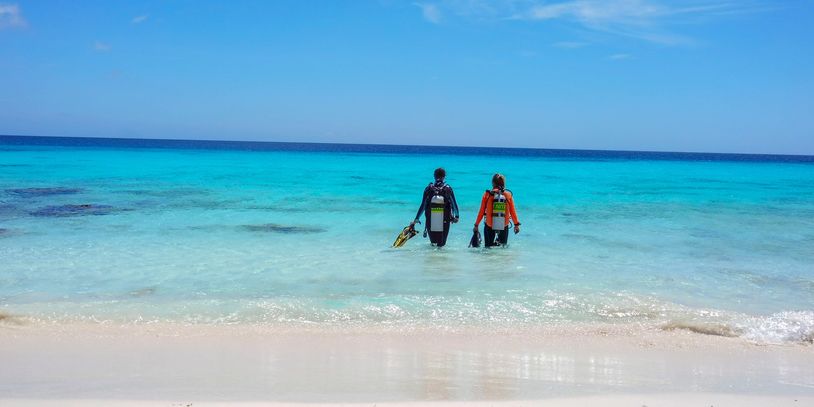 Two scuba divers walking into clear blue ocean water.