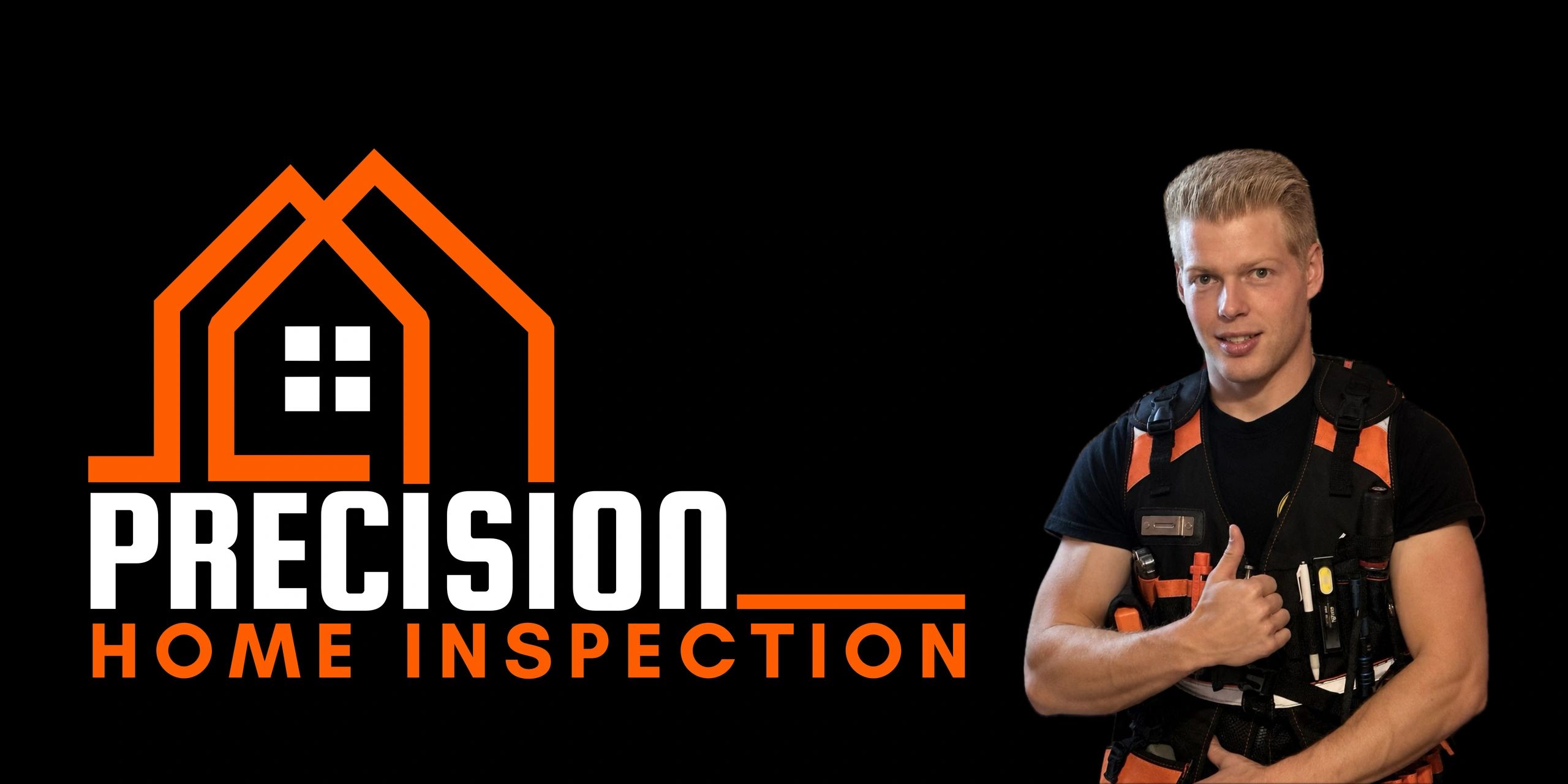 Confident home inspector giving thumbs up next to Precision Home Inspection logo.
