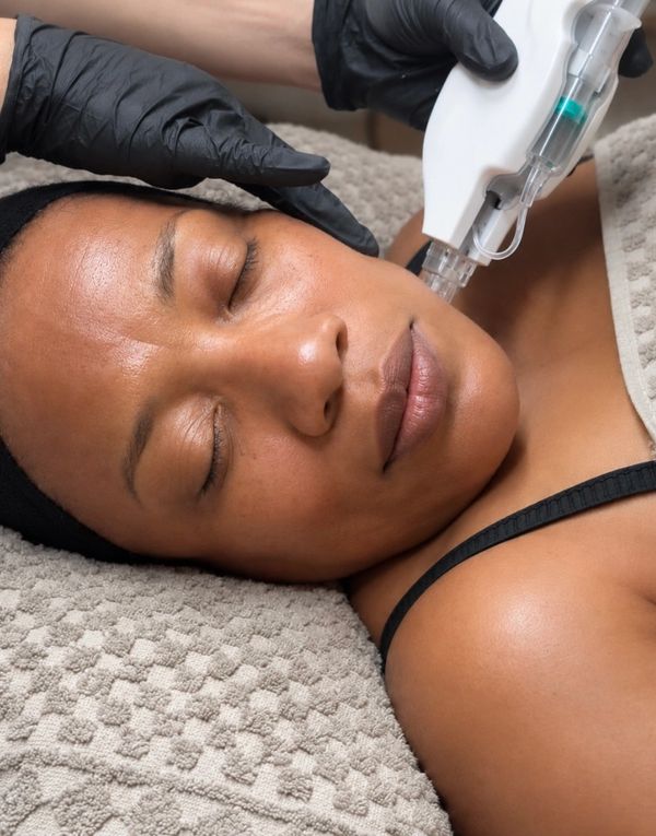 A woman lies with her eyes closed during a no-needle mesotherapy treatment while a practitioner wearing gloves gently performs the treatment.