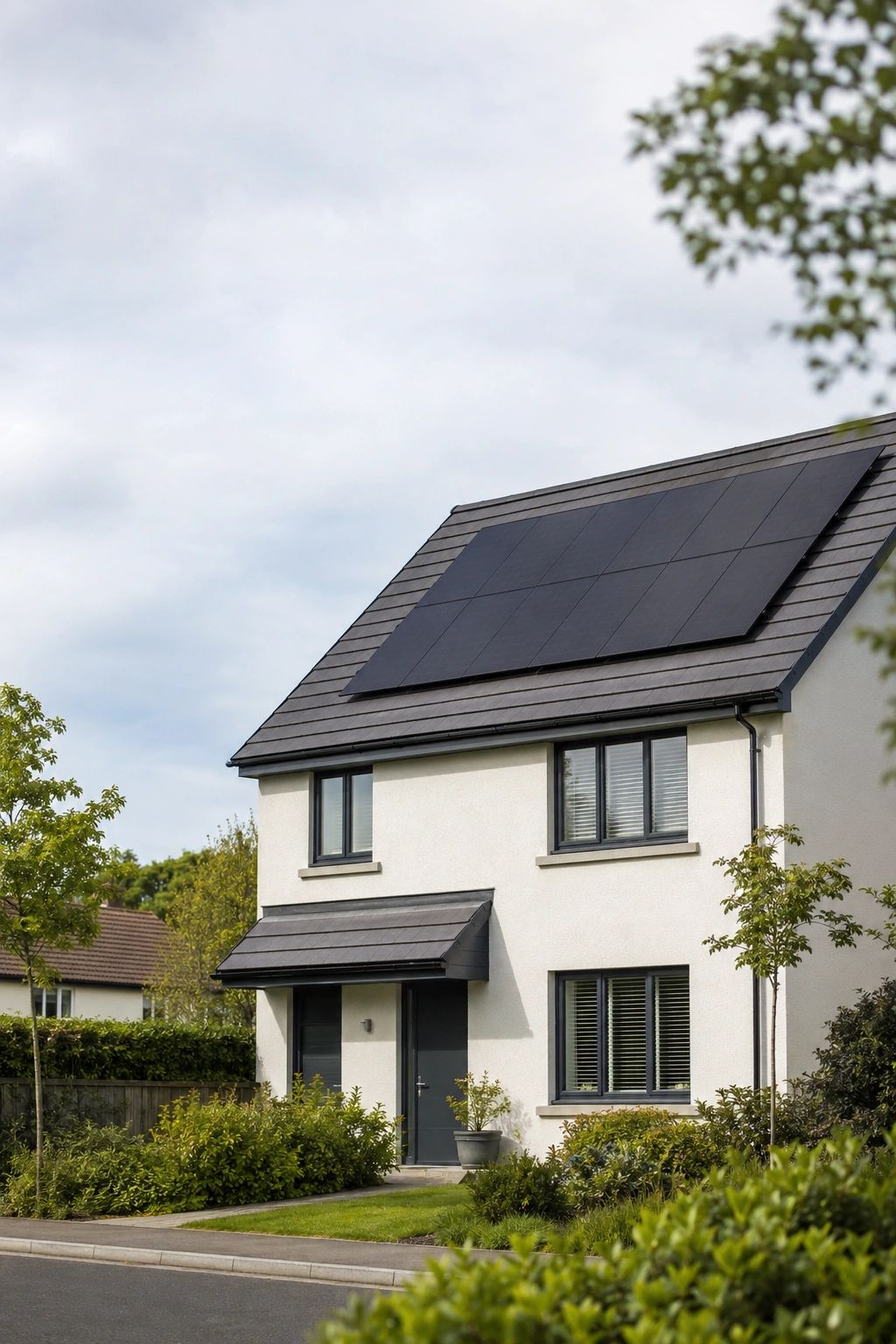 House with solar panels on the roof.
