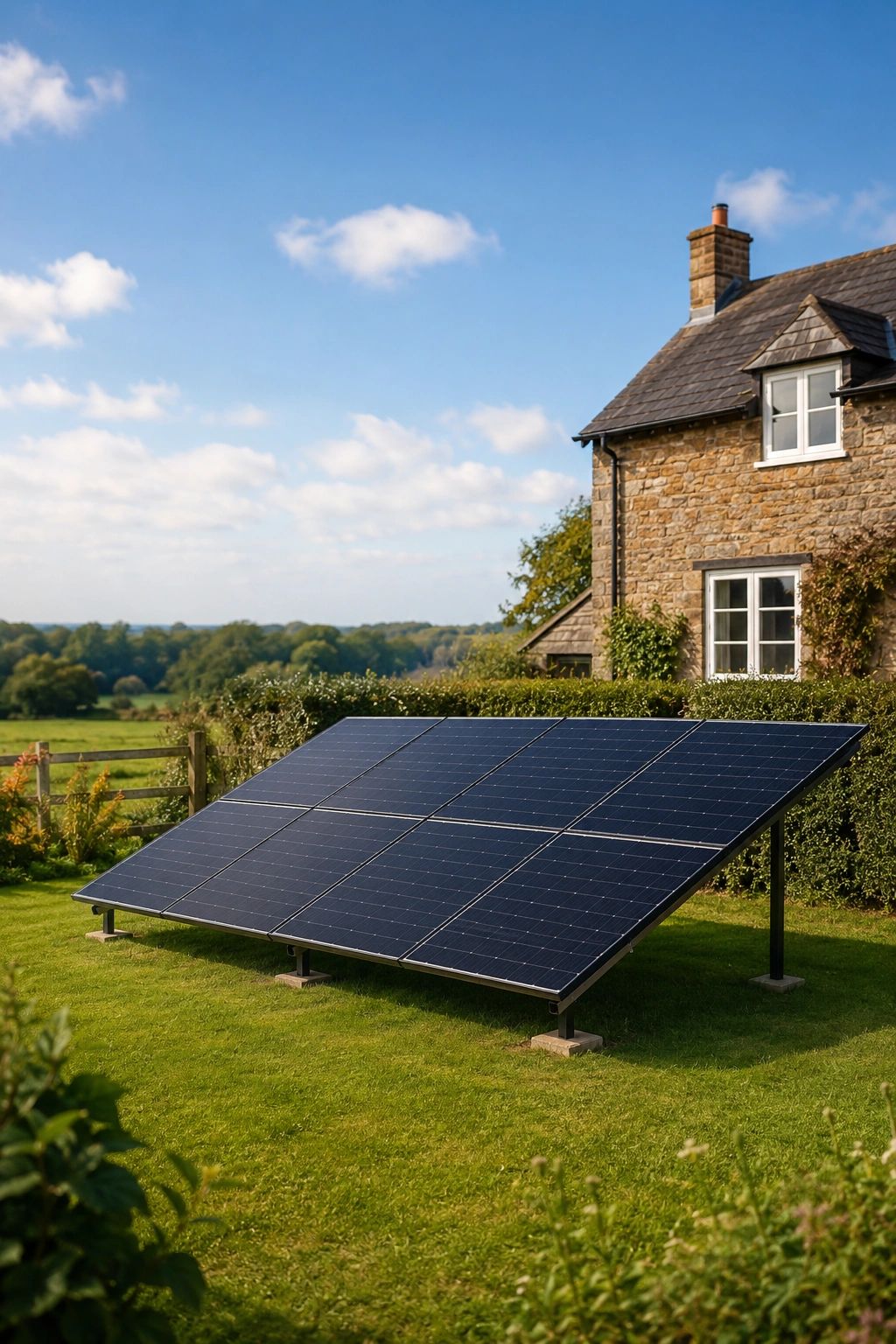 Ground mounted solar PV in front of a house.