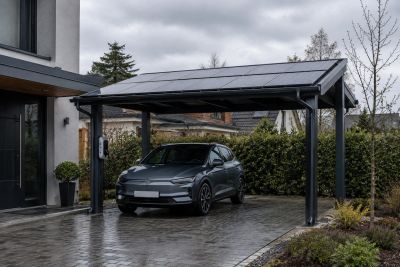 Solar carport at a house with 1 car underneath the carport.