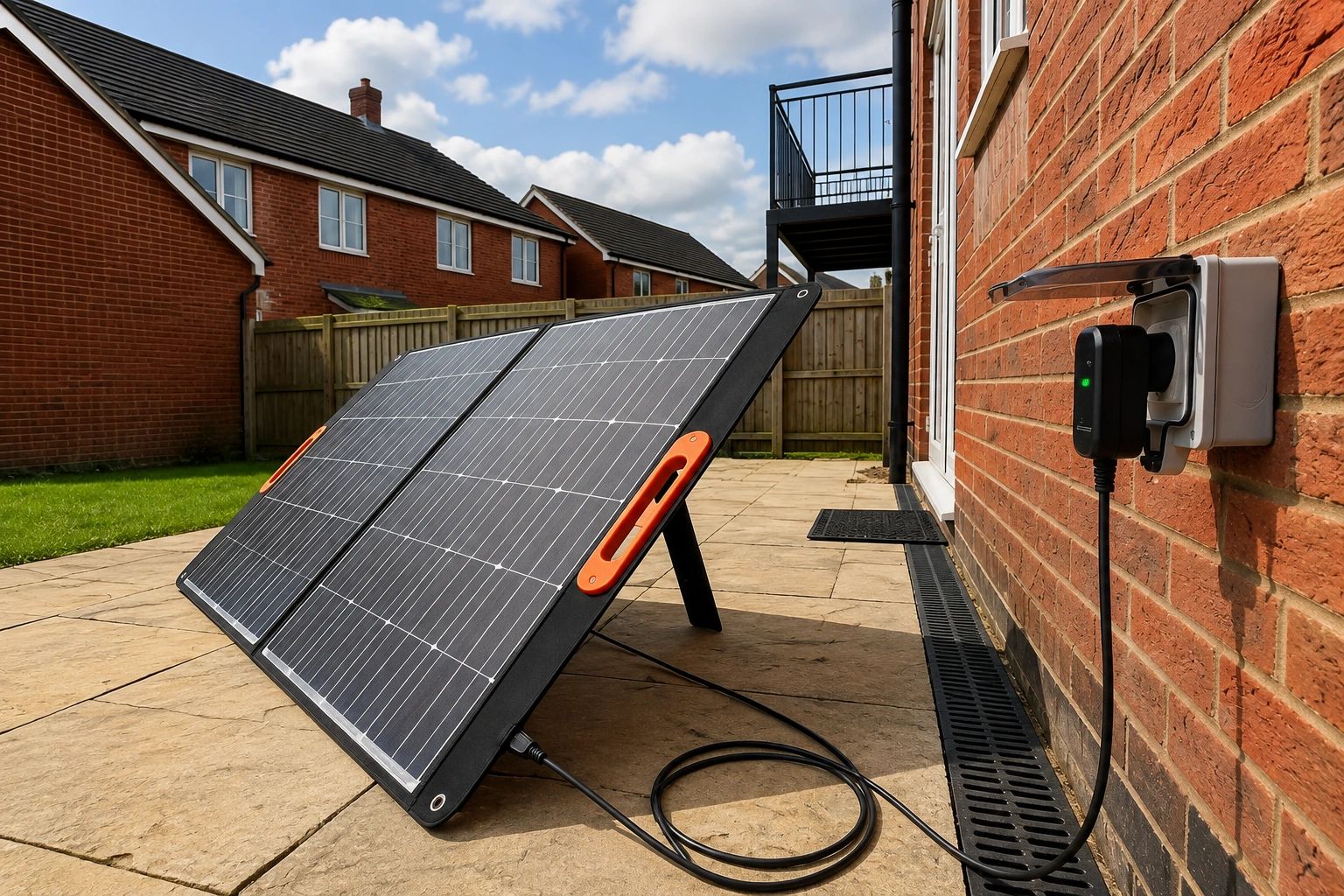 Portable solar panel charging device outside a home.