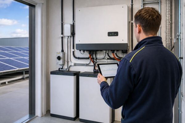 Man with tablet in hand looking at some batteries and a large inverter not the wall.