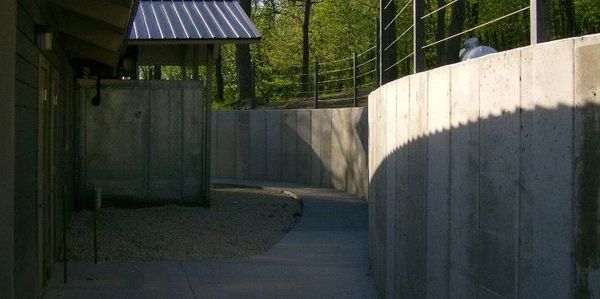 Concrete retaining walls and walkway.
