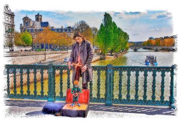 Puppet performing rock and roll music in Paris.