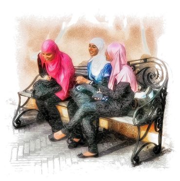 Ladies waiting for a bus in Marrakesh, Morocco