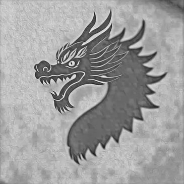 Artistic dragon head illustration on a colorful textured background.