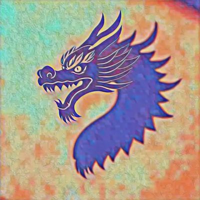 Stylized blue dragon head illustration with sharp features on a textured background.