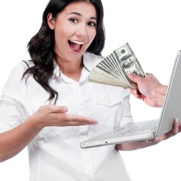 Woman excitedly receiving cash while holding a laptop.