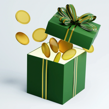 Green gift box with golden coins flying out, symbolizing wealth or rewards.