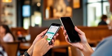 Person comparing two smartphones indoors in a café setting.