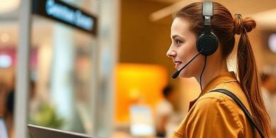 A young woman wearing a headset and working on a laptop.