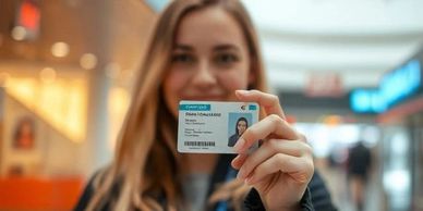 Woman holding up a student ID card in a public indoor space.