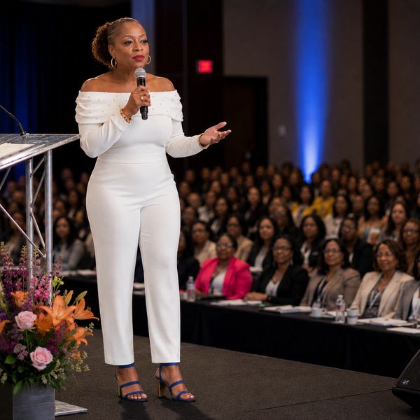 Woman in white outfit speaking on stage to a large audience.