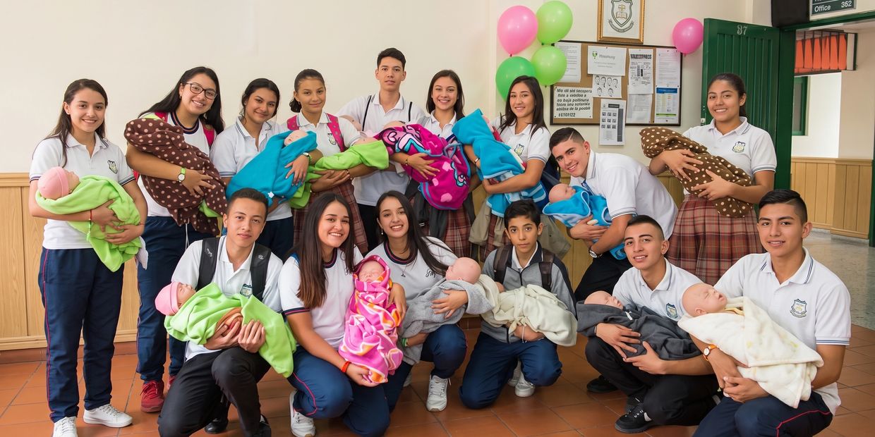 Grupo de estudiantes con muñecos bebé en una escuela.