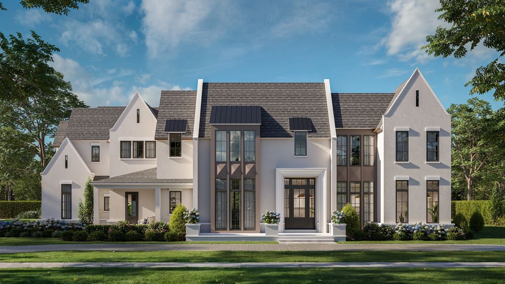 Elegant large white house with multiple tall windows and a manicured lawn.