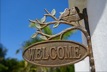 Welcome sign for the hotel.