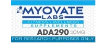 Label for Myovate Labs ADA290 10mg, a fitness supplement for research use.