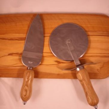 Handmade wooden countertop, cake and pizza cutter with wooden handles