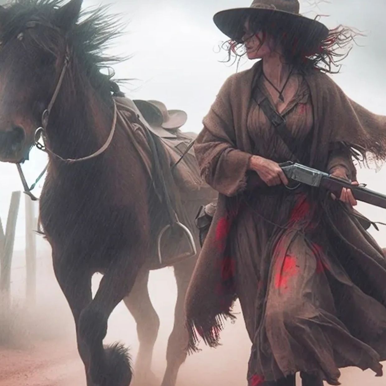 Woman in a wide hat holding a rifle next to a horse in a dusty setting.