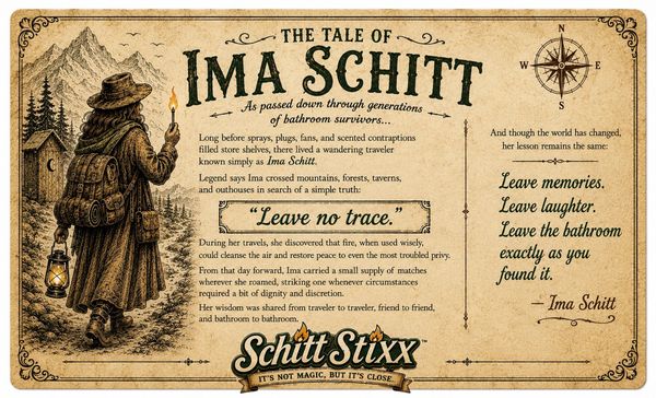 Vintage-style tale of Ima Schitt, a bathroom survivor legend.