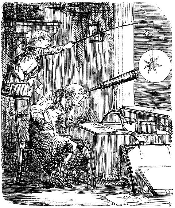 Art of an old man looking at the moon through a telescope while child dangles a star cutout over him