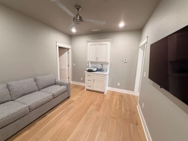Modern living room with gray sofa and kitchenette.