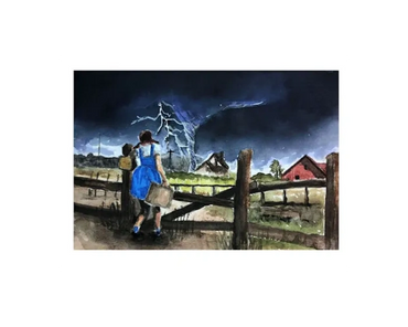 Dorothy Gale enters the gate as the twister swirls near the farm