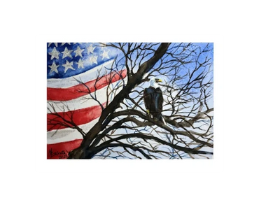 An eagle sitting in a tree near the lake is superimposed over the American flag