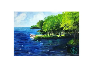 Beautiful scene of blue water, a boat and an island