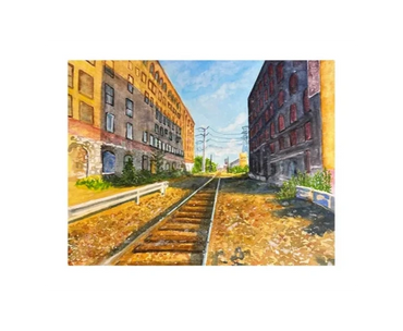 An abandoned train track runs between 2 vacant buildings