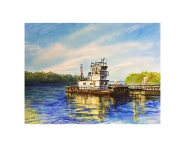 A barge is docked in the sun along the Mississippi River