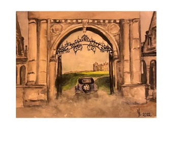 A coupe de ville pulls into the gates of Hellman Hall