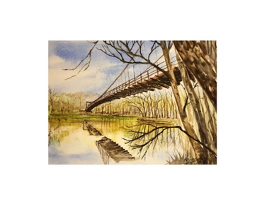 A wooden swinging bridge in Brumley, Missouri