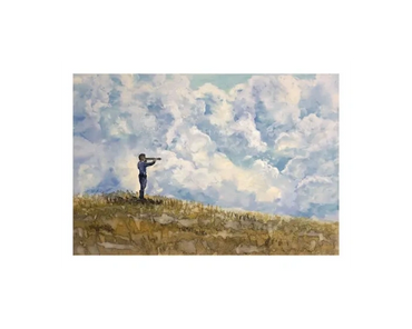 A Civil War soldier stands on a hill looking thru a spyglass