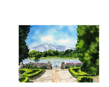 The patio, garden and lake at the Von Trapp family home