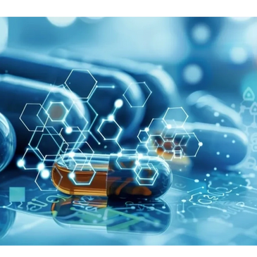 Close-up of capsules with digital hexagonal molecular structure overlay.