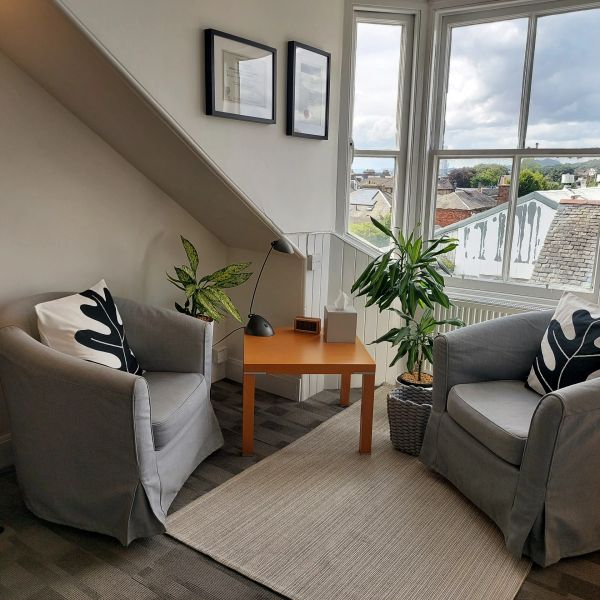 Comfortable therapy room at a Discerning Life with two armchairs, indoor plants and large bay window