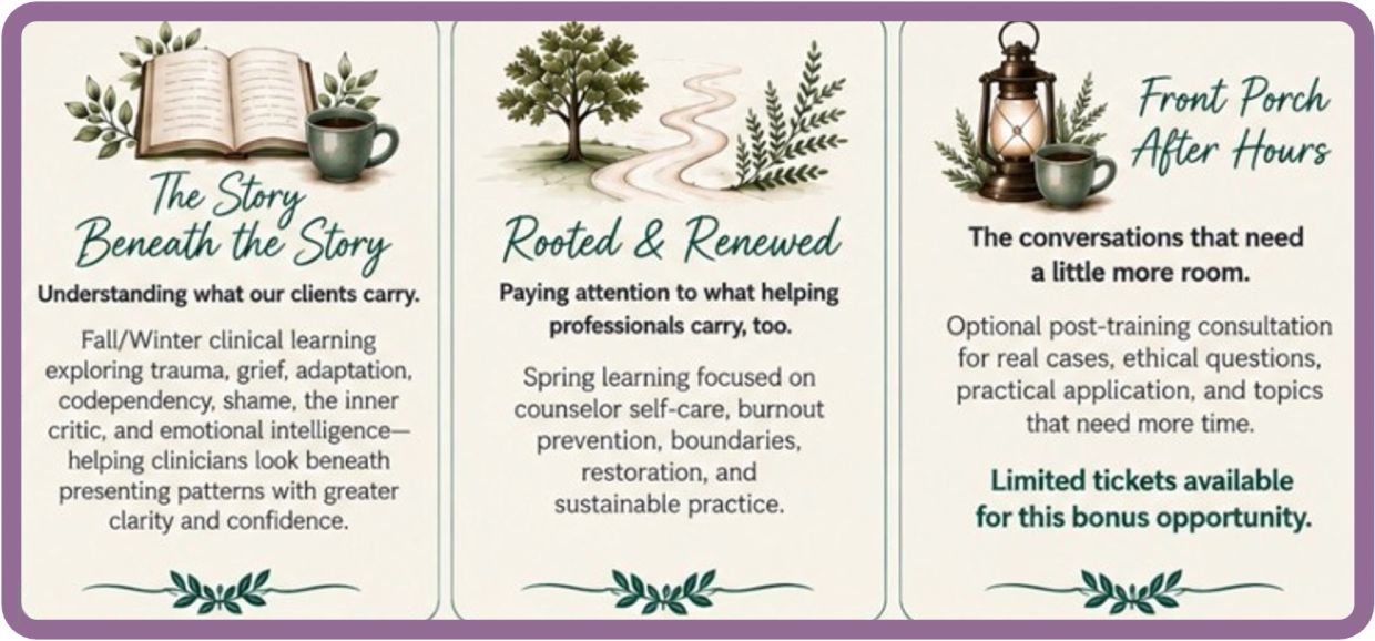 Three parts of a clinical learning program focusing on trauma, self-care, and consultation.