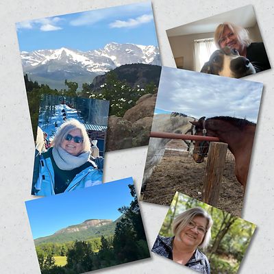 Outdoor photos of mountains. Various snapshots of JJ and her family pets, dog and horses