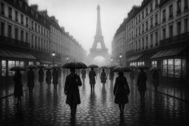 People walking with umbrellas near the Eiffel Tower on a rainy day.