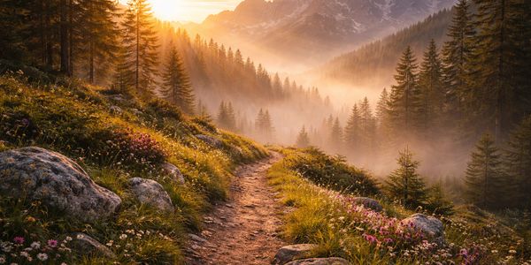 Sunset-lit mountain trail winding through misty forest and wildflowers.