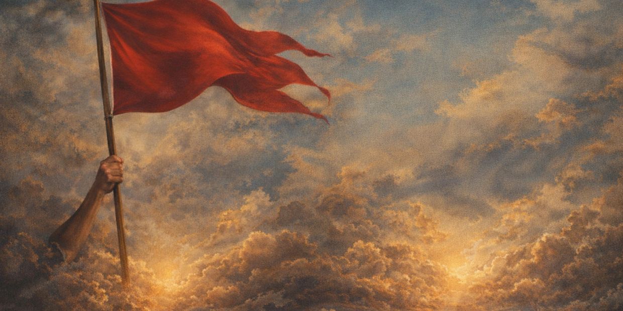 A hand holding a tattered red flag against a dramatic cloudy sky.