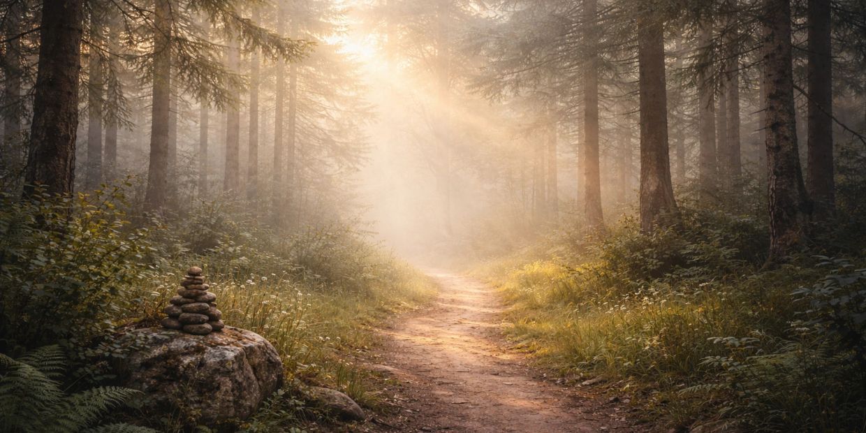 Sunlight filters through misty forest trees onto a peaceful dirt path.